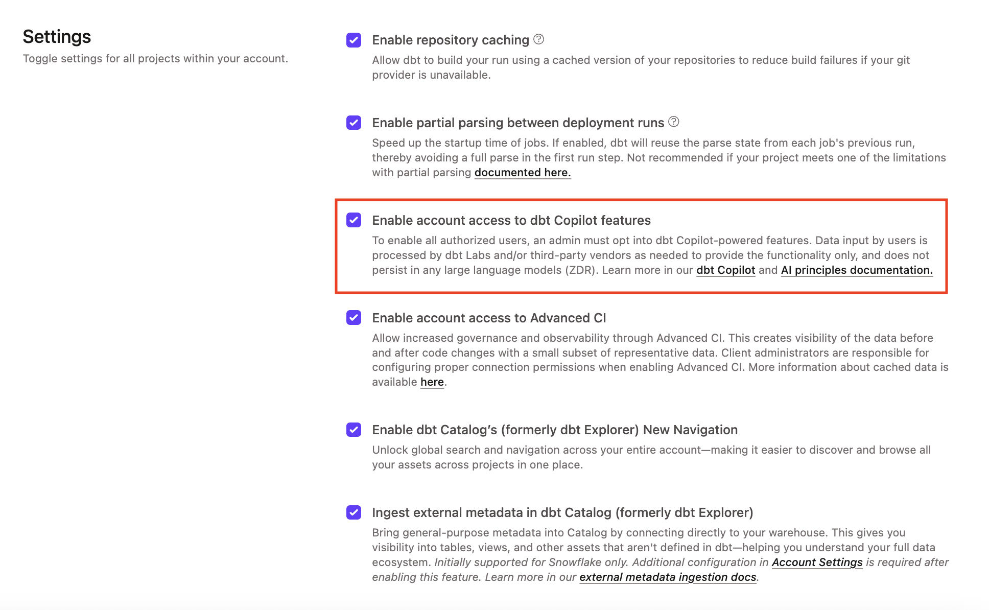 Example of the 'Enable account access to dbt Copilot features' option in Account settings