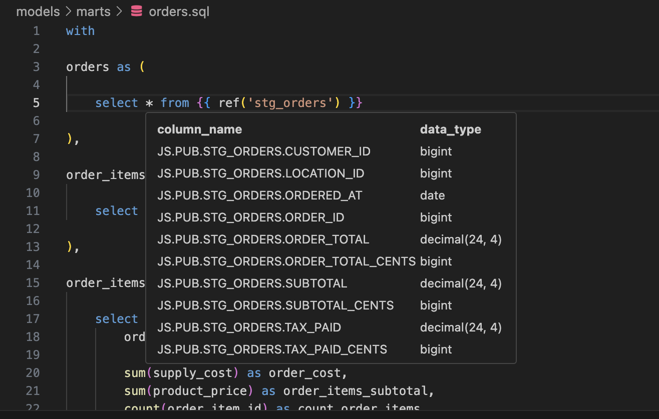 Hovering over * to see column names and data types. Hovering over * to see column names and data types.