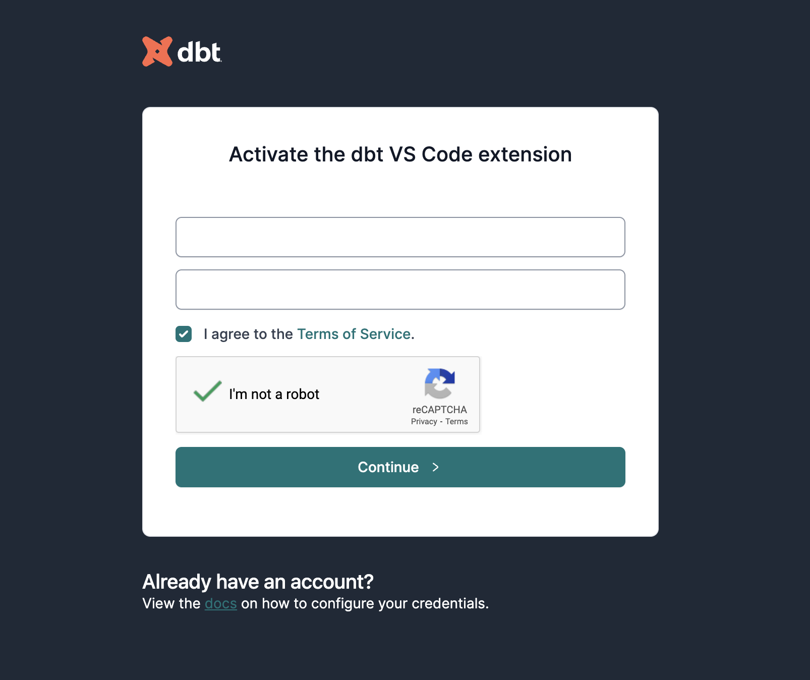 The extension registration page in the browser.
